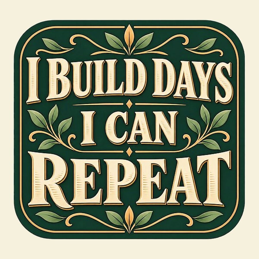 Ornate framed lettering with leaf flourishes reading I Build Days I Can Repeat
