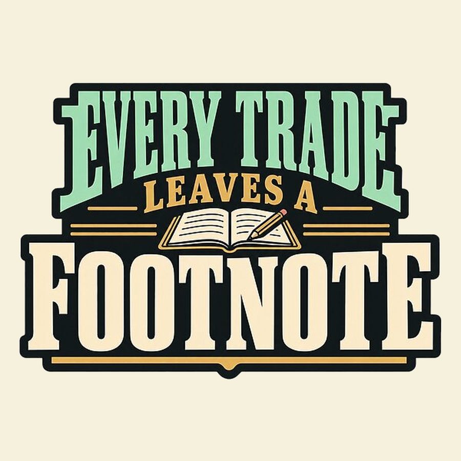 Vintage sign lettering around an open book and pencil, reading Every Trade Leaves a Footnote